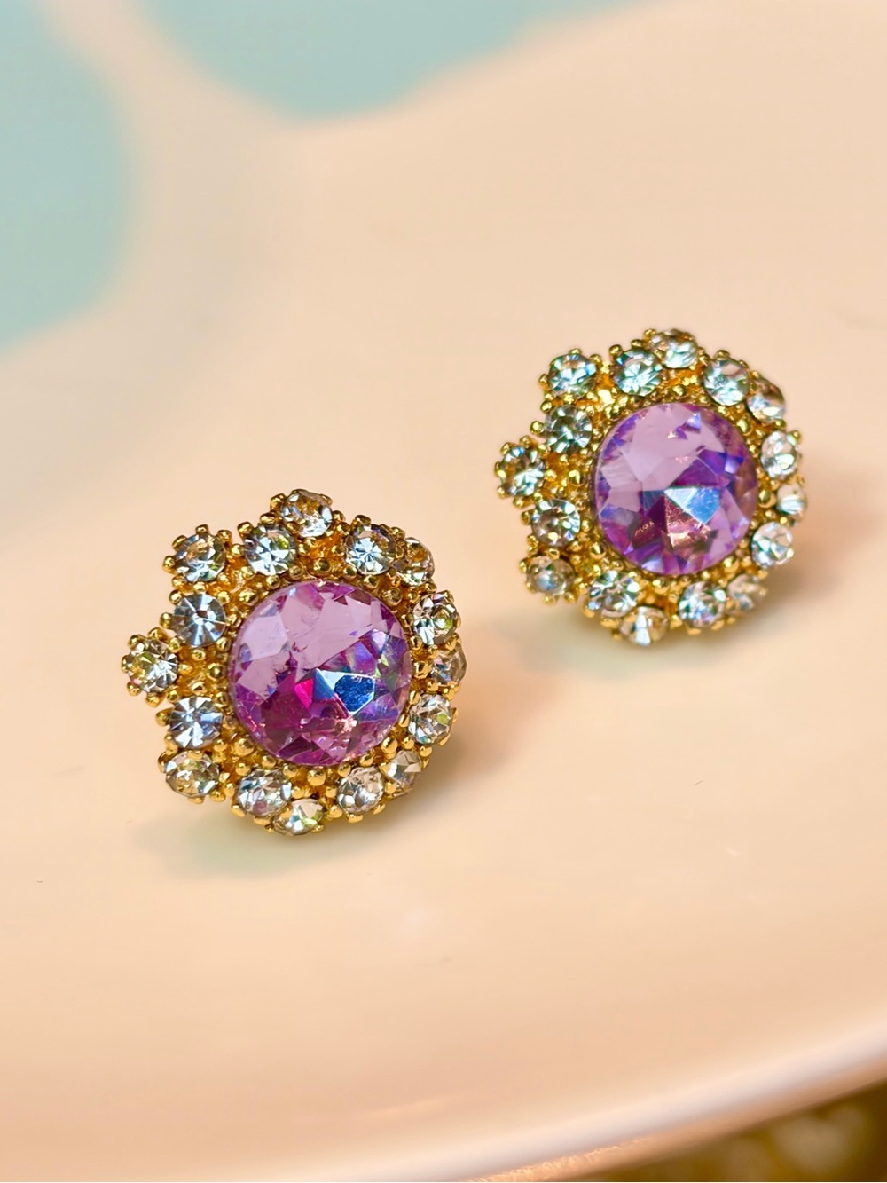 New S925 Silver Post Purple Round Crystal Sunflower Stud Earrings